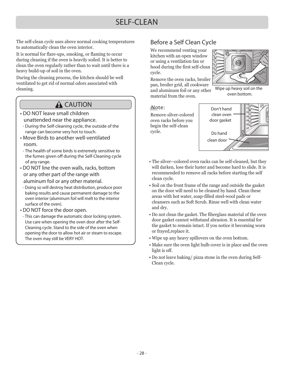 Self-clean, Caution, Before a self clean cycle | LG LSB5682SW User Manual | Page 28 / 41