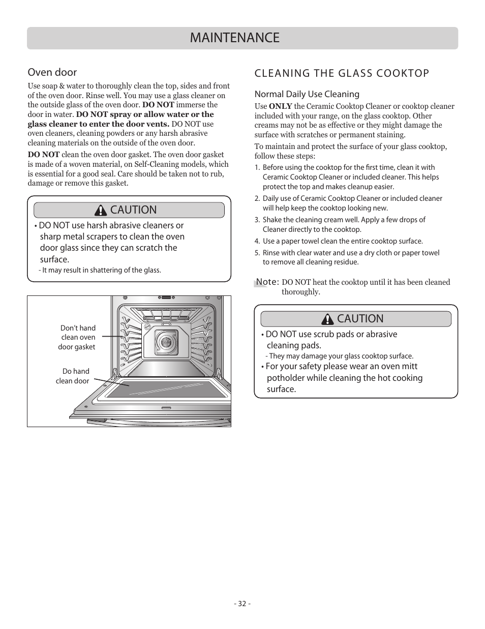 Maintenance, Caution, Oven door | Cleaning the glass cooktop | LG LSB5682SW User Manual | Page 32 / 41