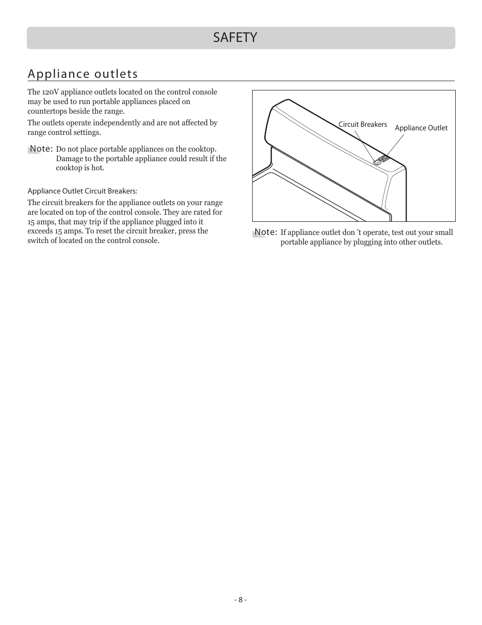 Safety, Appliance outlets | LG LSB5682SW User Manual | Page 8 / 41