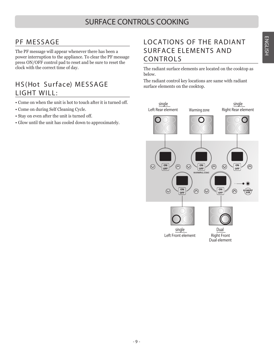 Surface controls cooking, Pf message, Hs(hot surface) message light will | LG LSB5682SW User Manual | Page 9 / 41