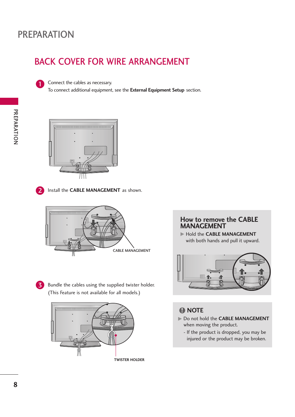 Back cover for wire arrangement, Preparation, How to remove the cable management | LG 26LC7D User Manual | Page 10 / 98