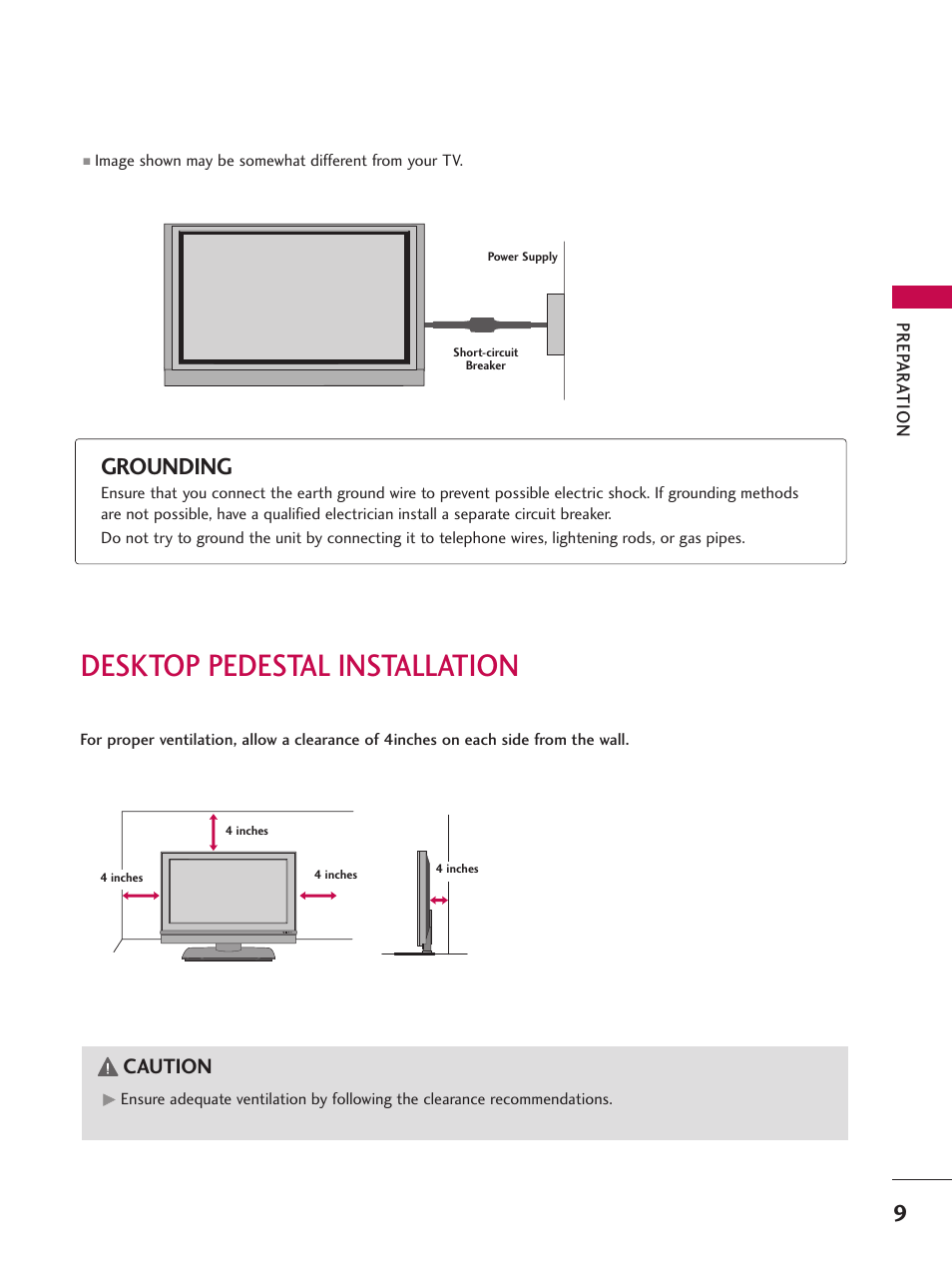 Desktop pedestal installation, Grounding, Caution | LG 26LC7D User Manual | Page 11 / 98