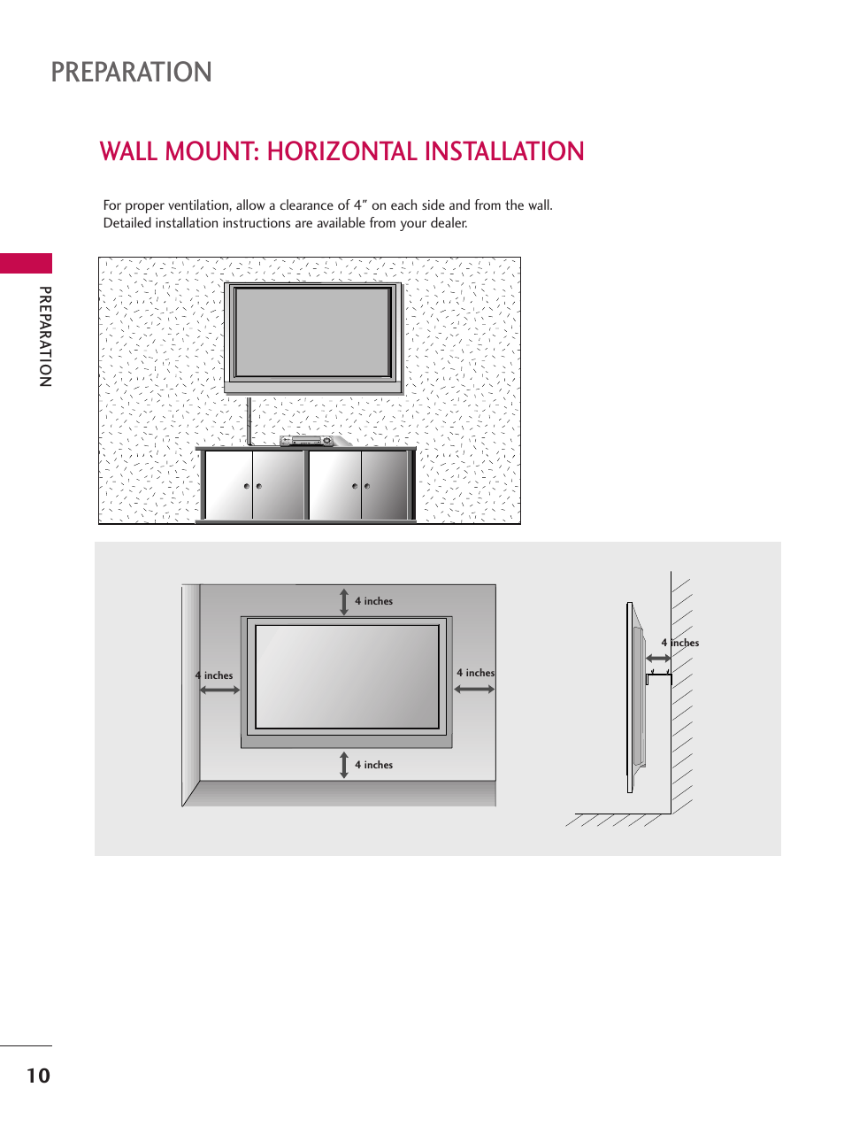 Wall mount: horizontal installation, Preparation | LG 26LC7D User Manual | Page 12 / 98