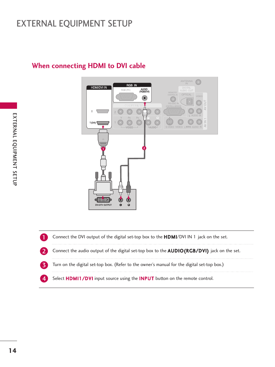 When connecting hdmi to dvi cable, External equipment setup, Hdmi/dvi in | External eq uipment setup, Rgb in, Component in | LG 26LC7D User Manual | Page 16 / 98