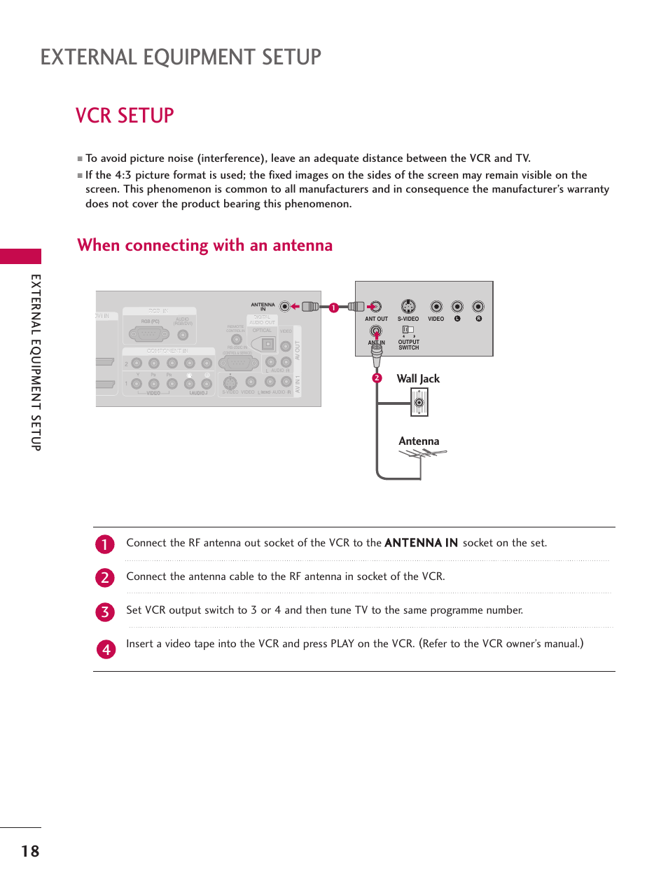 Vcr setup, When connecting with an antenna, External equipment setup | External eq uipment setup, Wall jack antenna | LG 26LC7D User Manual | Page 20 / 98