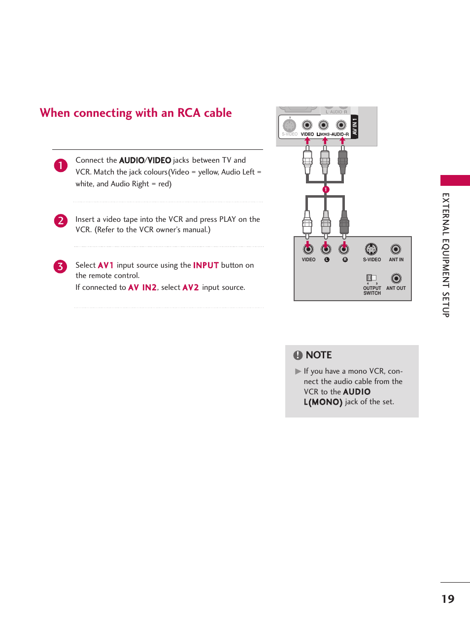 When connecting with an rca cable, External eq uipment setup, Av in 1 | LG 26LC7D User Manual | Page 21 / 98