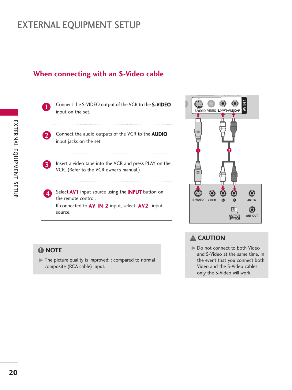 When connecting with an s-video cable, External equipment setup, Caution | Av in 1, External eq uipment setup, Antenna out antenna in, Antenna out antenna in video audio, Audio, S-video | LG 26LC7D User Manual | Page 22 / 98