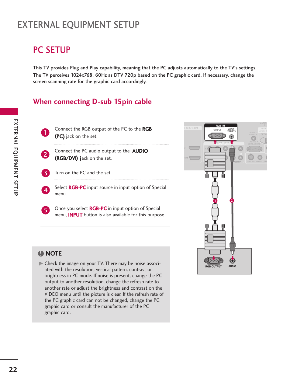 Pc setup, When connecting d-sub 15pin cable, External equipment setup | External eq uipment setup | LG 26LC7D User Manual | Page 24 / 98