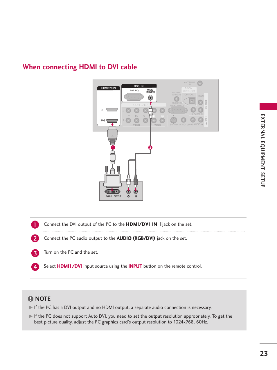 When connecting hdmi to dvi cable, External eq uipment setup | LG 26LC7D User Manual | Page 25 / 98