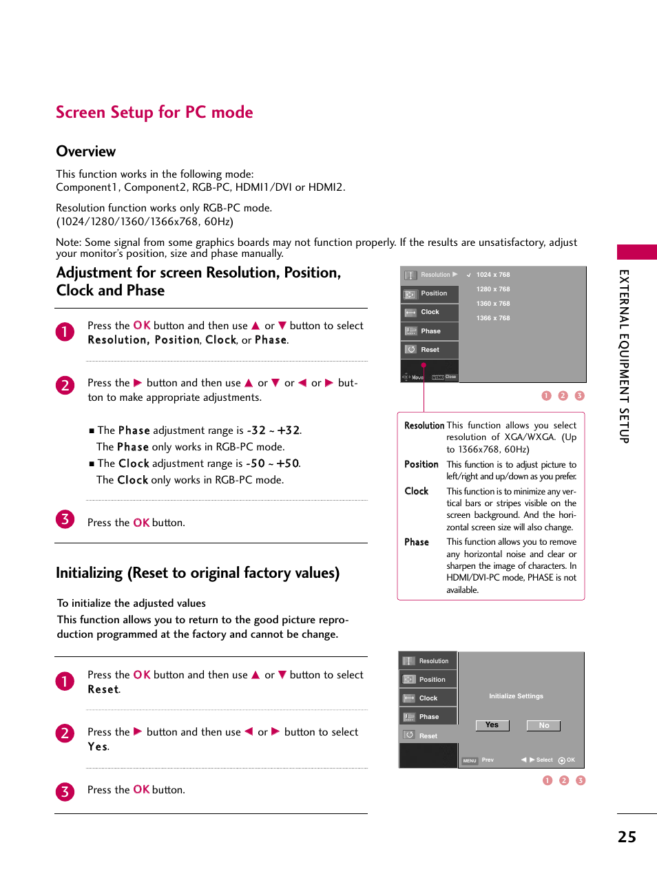 Screen setup for pc mode, Overview, Initializing (reset to original factory values) | External eq uipment setup | LG 26LC7D User Manual | Page 27 / 98