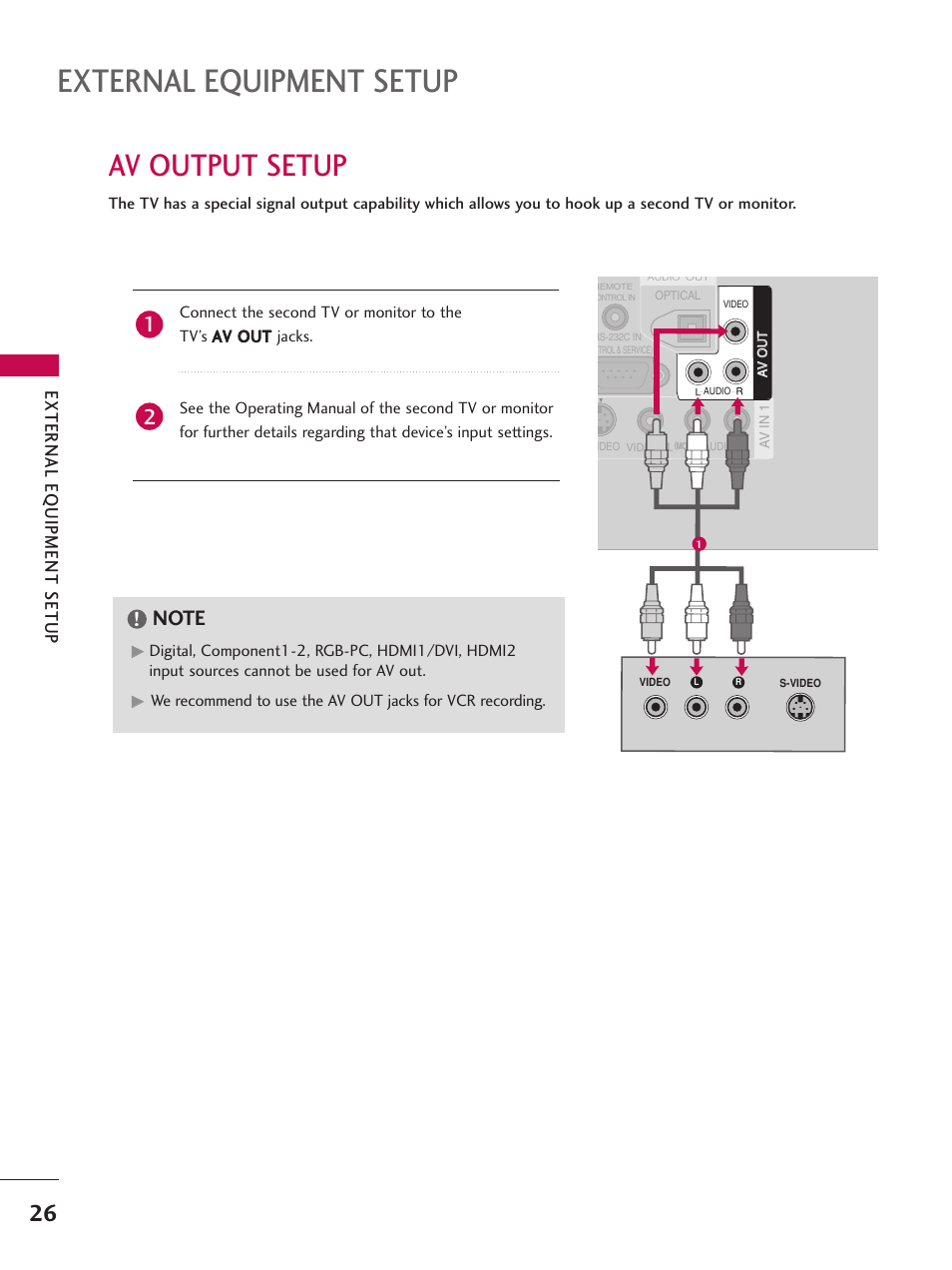 Av output setup, External equipment setup, External eq uipment setup | LG 26LC7D User Manual | Page 28 / 98