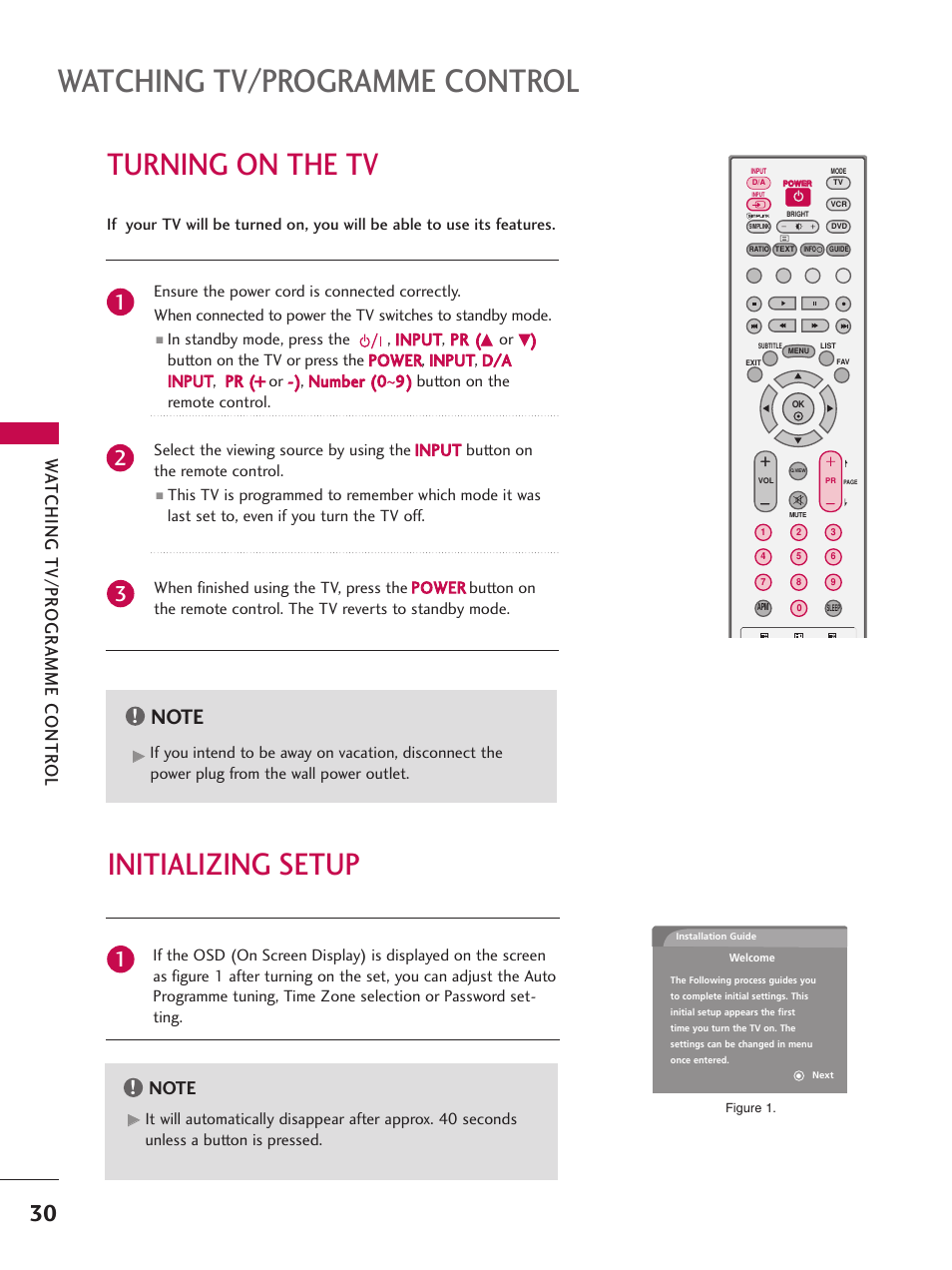 Turning on the tv, Initializing setup, Watching tv/programme control | Wa tching tv/pr ogr amme contr ol | LG 26LC7D User Manual | Page 32 / 98