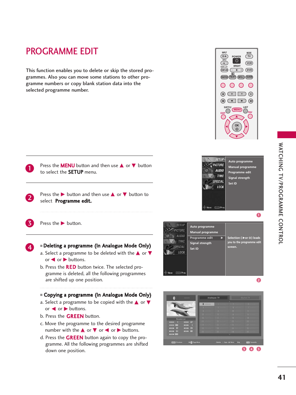 Programme edit, Wa tching tv/pr ogr amme contr ol | LG 26LC7D User Manual | Page 43 / 98