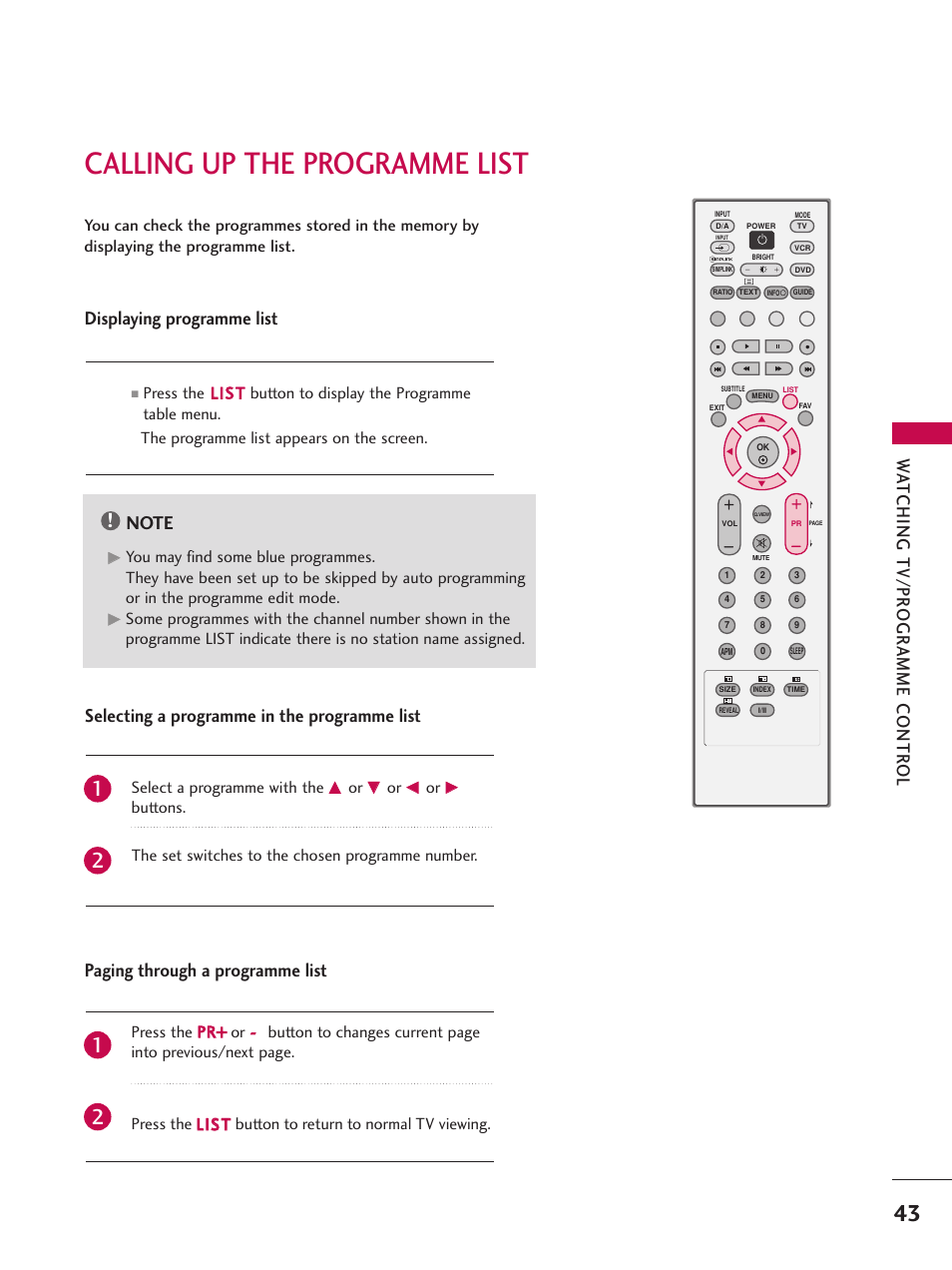 Calling up the programme list, Wa tching tv/pr ogr amme contr ol | LG 26LC7D User Manual | Page 45 / 98