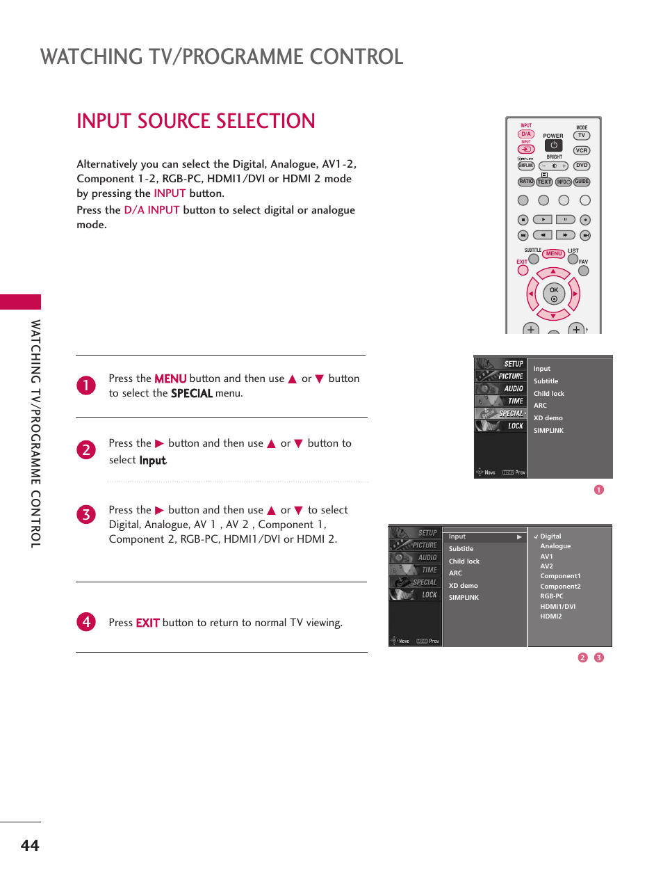 Input source selection, Watching tv/programme control, Wa tching tv/pr ogr amme contr ol | LG 26LC7D User Manual | Page 46 / 98