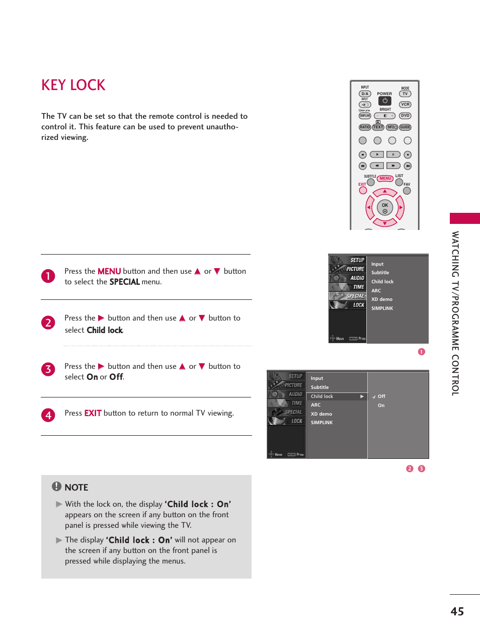 Key lock, Wa tching tv/pr ogr amme contr ol | LG 26LC7D User Manual | Page 47 / 98