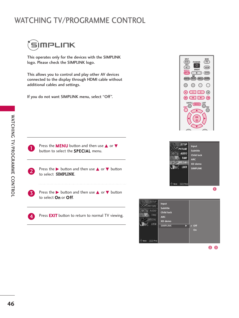 Simplink, Watching tv/programme control, Wa tching tv/pr ogr amme contr ol | LG 26LC7D User Manual | Page 48 / 98