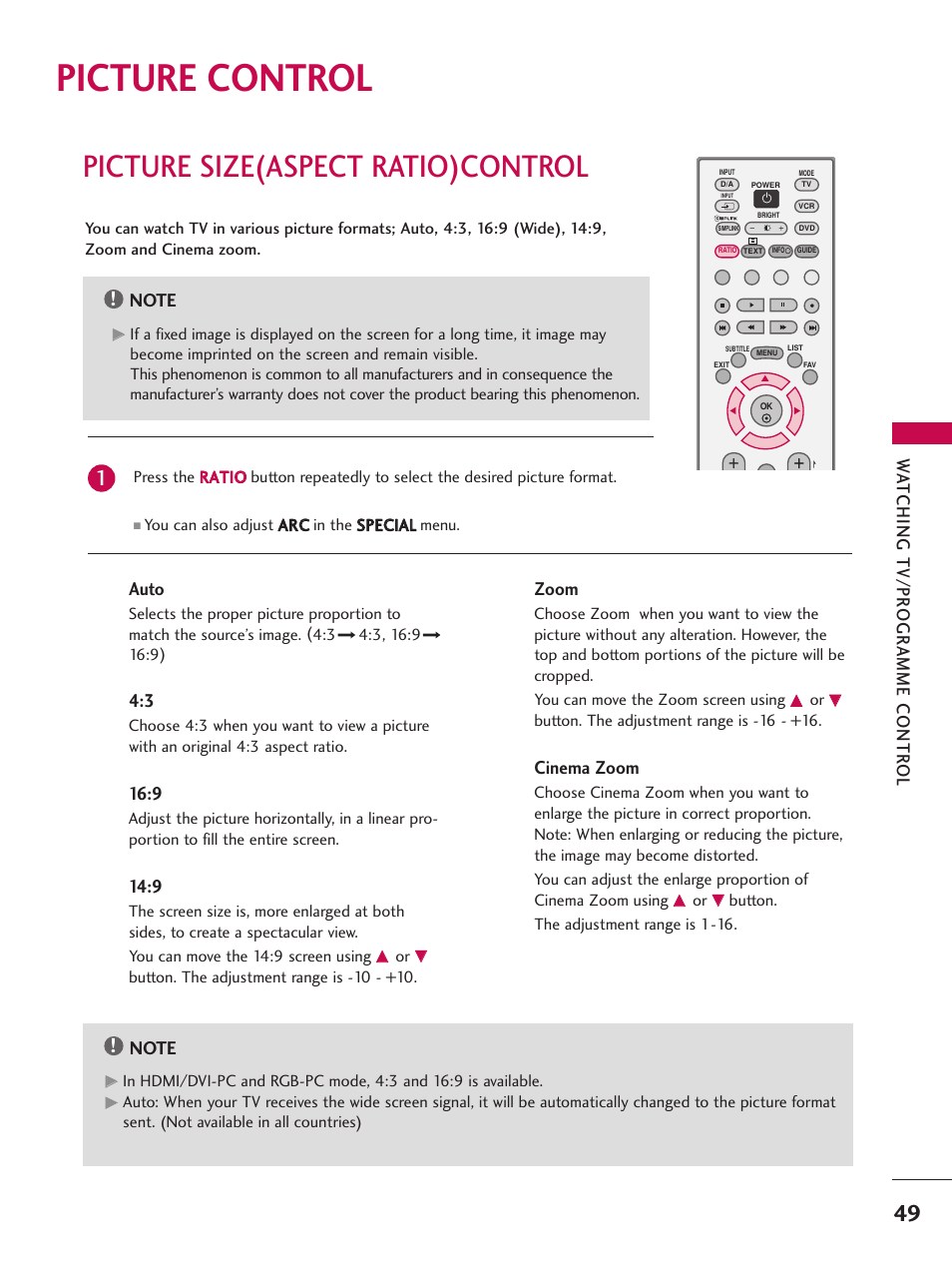 Picture control, Picture size(aspect ratio)control, Wa tching tv/pr ogr amme contr ol | Auto, Zoom, Cinema zoom | LG 26LC7D User Manual | Page 51 / 98