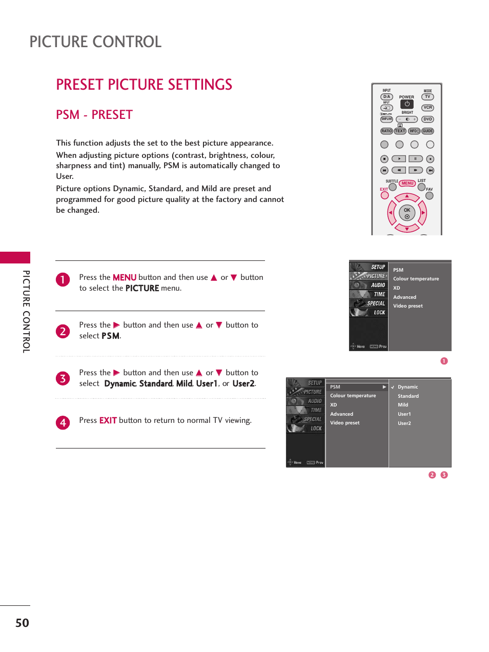Preset picture settings, Psm - preset, Picture control | Picture contr ol | LG 26LC7D User Manual | Page 52 / 98