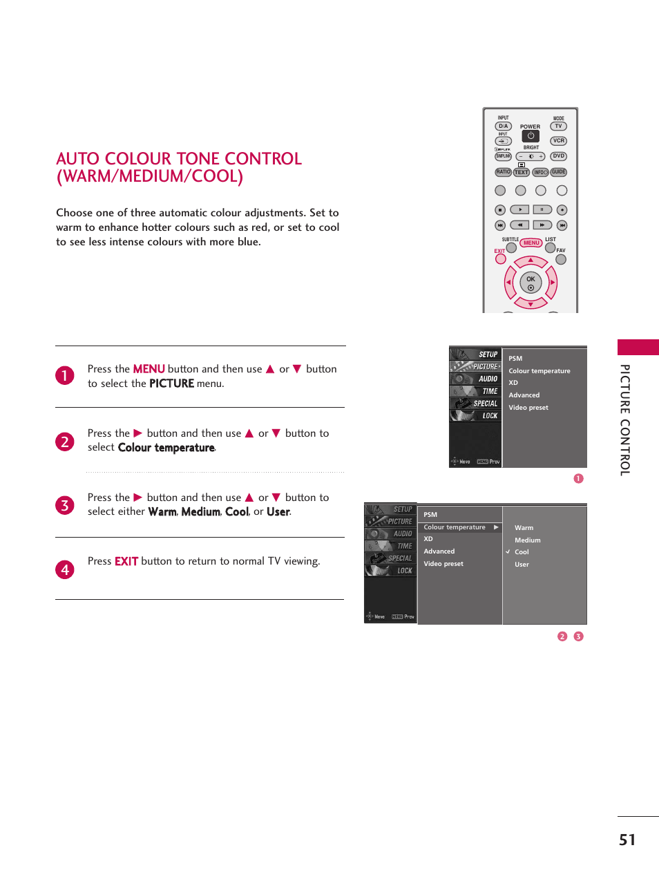 Auto colour tone control(warm/medium/cool), Auto colour tone control (warm/medium/cool), Picture contr ol | LG 26LC7D User Manual | Page 53 / 98