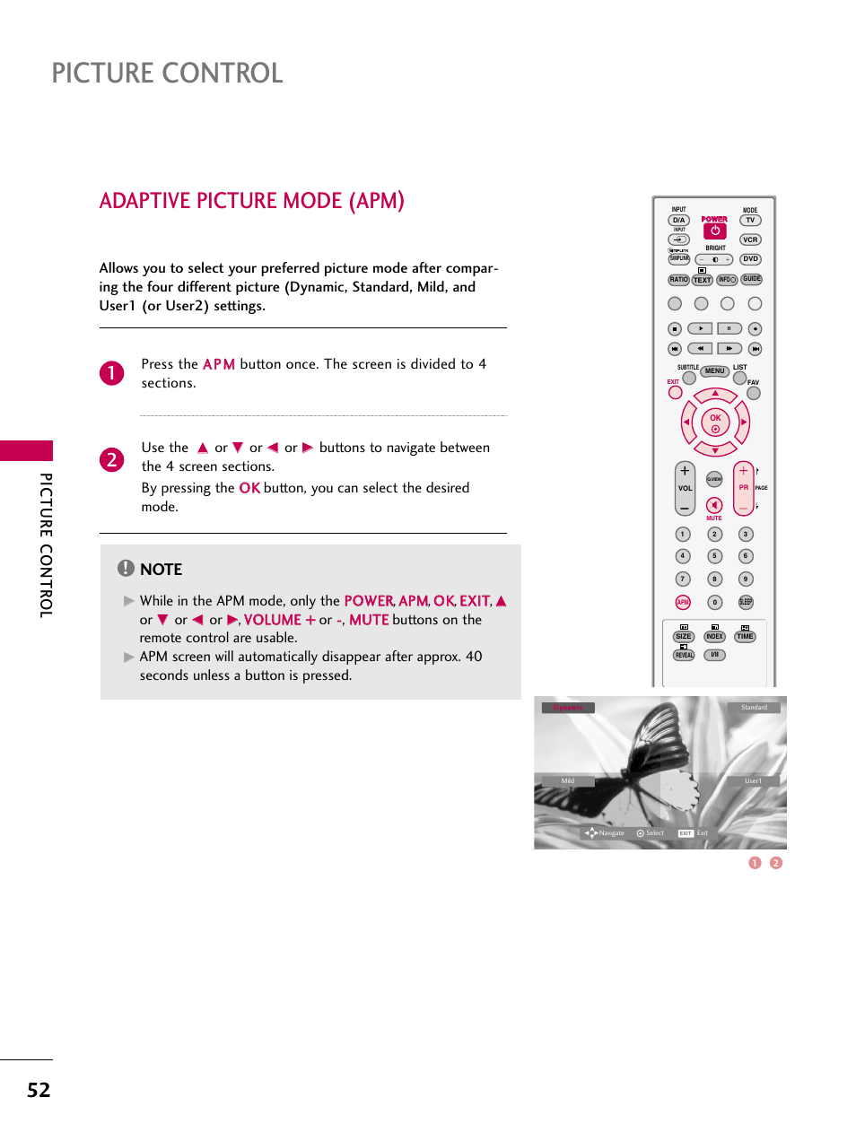 Adaptive picture mode (apm), Picture control, Picture contr ol | LG 26LC7D User Manual | Page 54 / 98