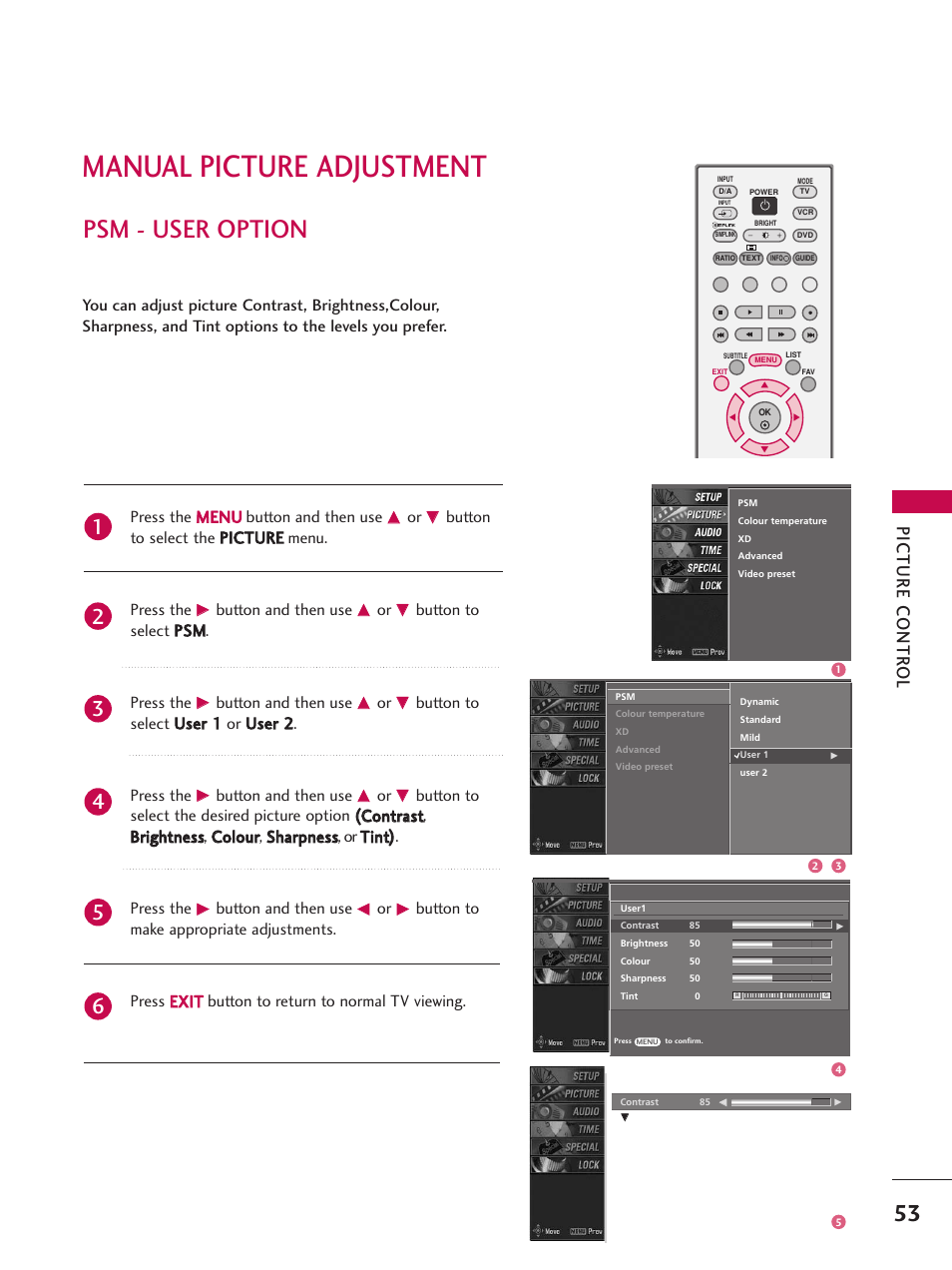 Manual picture adjustment, Psm - user option, Picture contr ol | Press the m me en nu u button and then use, Button and then use, Button to select p ps sm m. press the | LG 26LC7D User Manual | Page 55 / 98