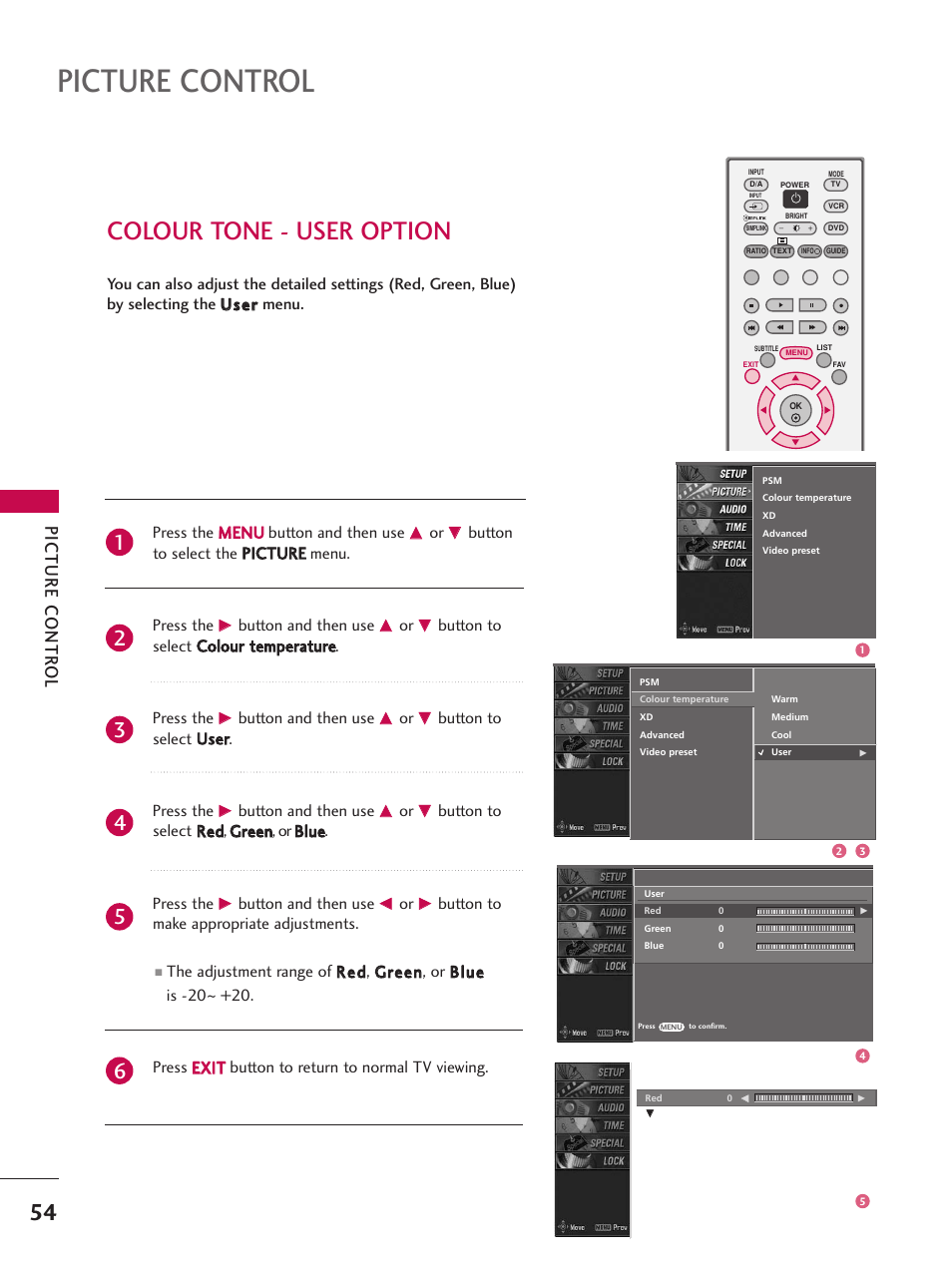 Colour tone - user option, Picture control, Picture contr ol | LG 26LC7D User Manual | Page 56 / 98