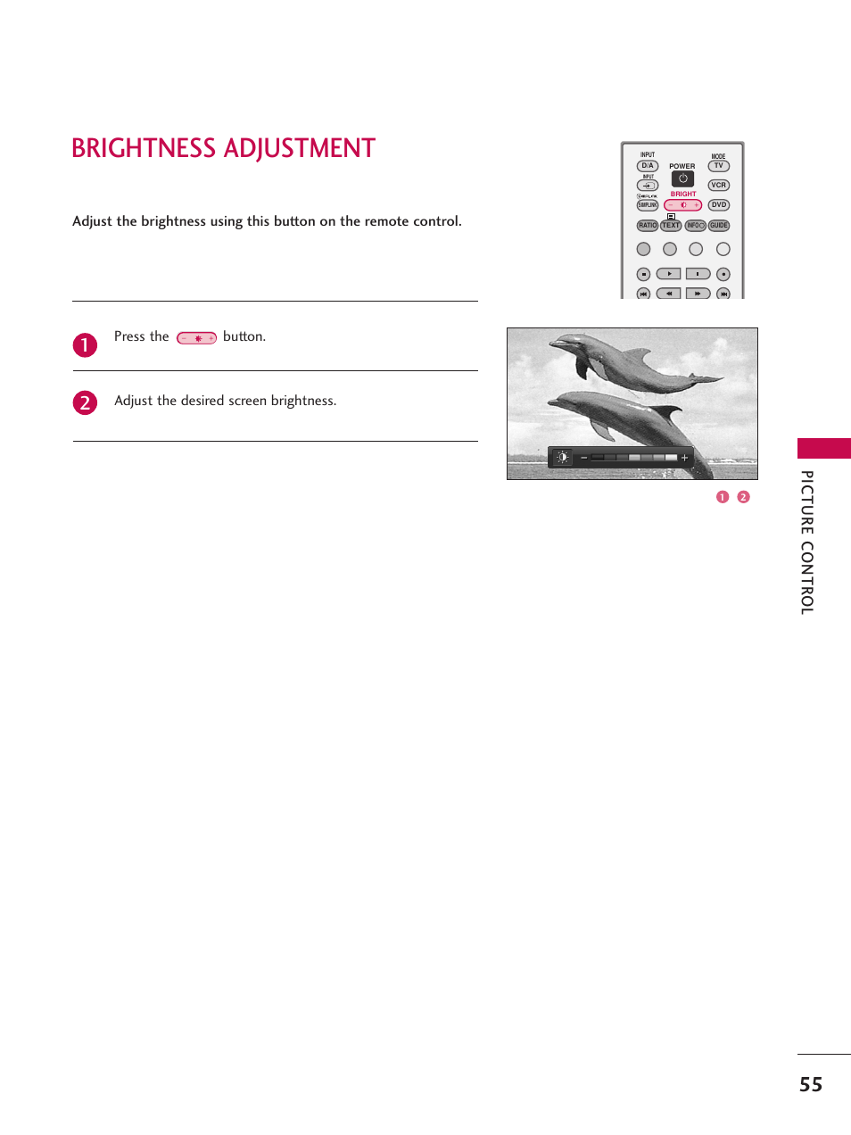 Brightness adjustment, Picture contr ol | LG 26LC7D User Manual | Page 57 / 98