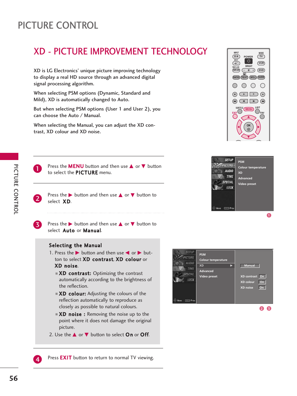 Xd - picture improvement technology, Picture control, Picture contr ol | LG 26LC7D User Manual | Page 58 / 98