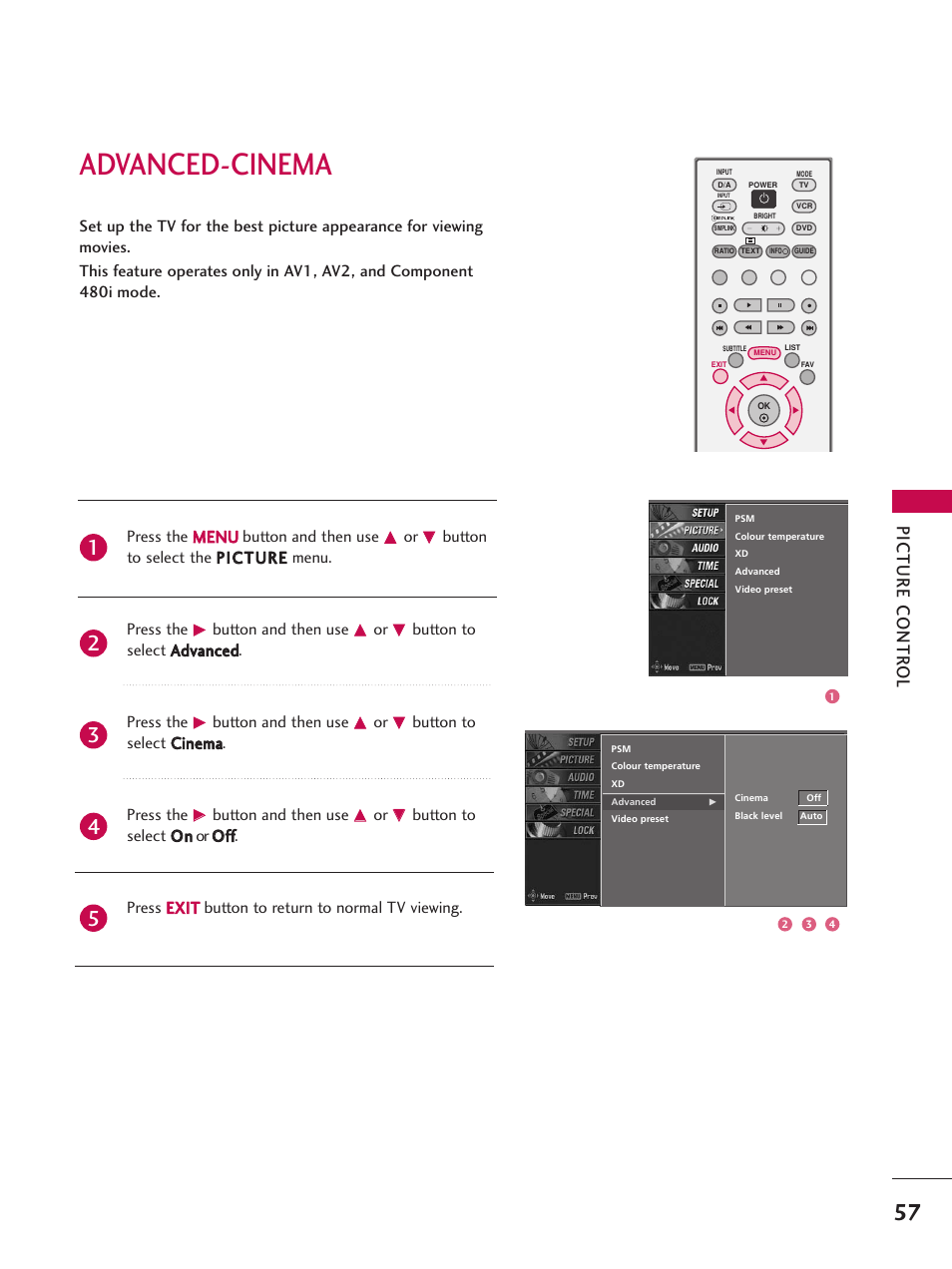Advanced-cinema, Picture contr ol | LG 26LC7D User Manual | Page 59 / 98