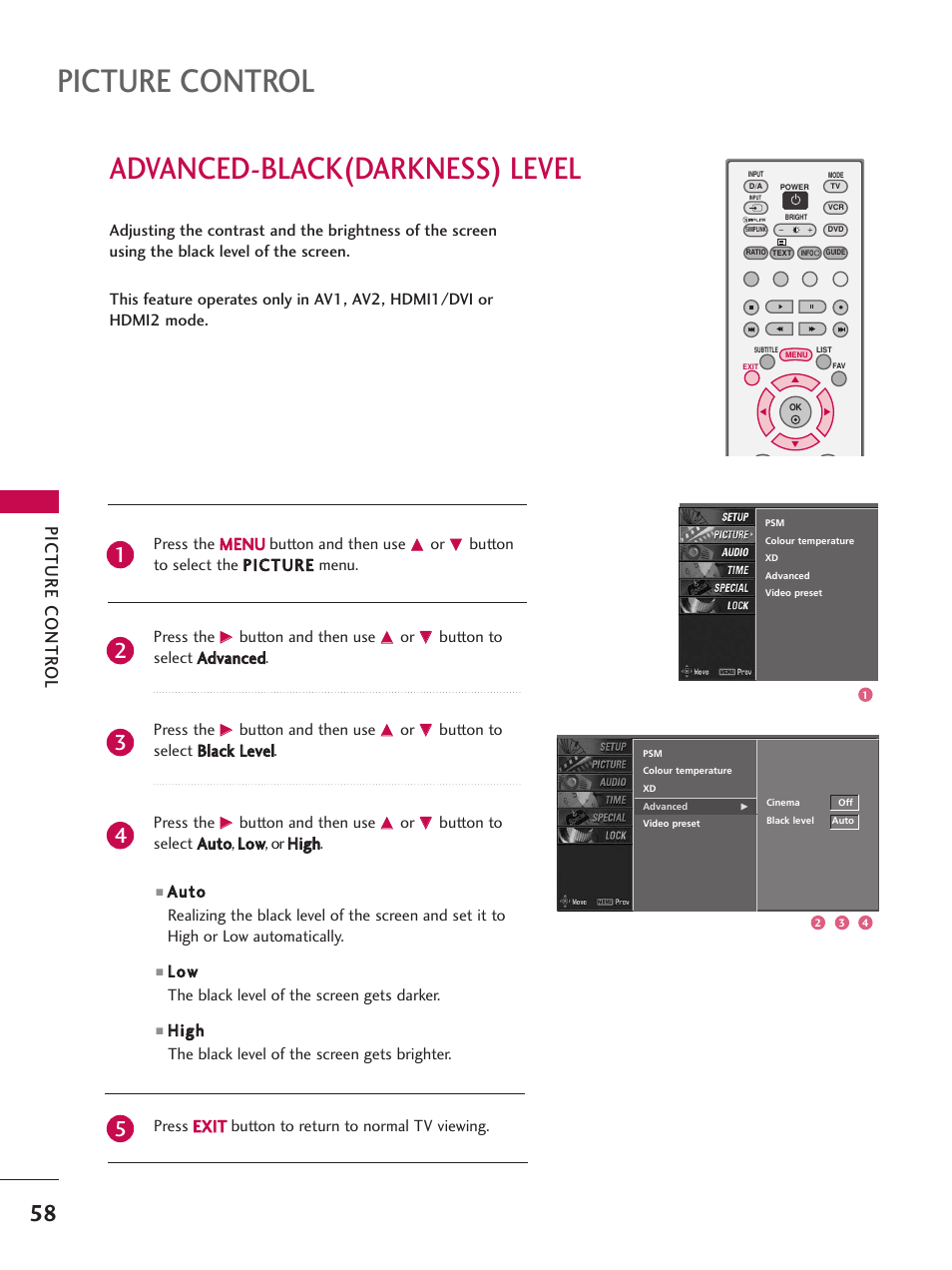 Advanced-black(darkness) level, Picture control, Picture contr ol | LG 26LC7D User Manual | Page 60 / 98