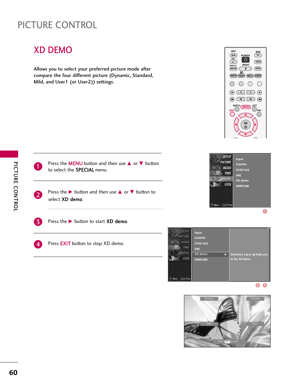Xd demo, Picture control, Picture contr ol | LG 26LC7D User Manual | Page 62 / 98