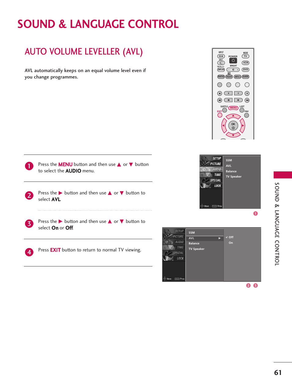 Sound & language control, Auto volume leveller (avl), Sound & langu a ge contr ol | LG 26LC7D User Manual | Page 63 / 98