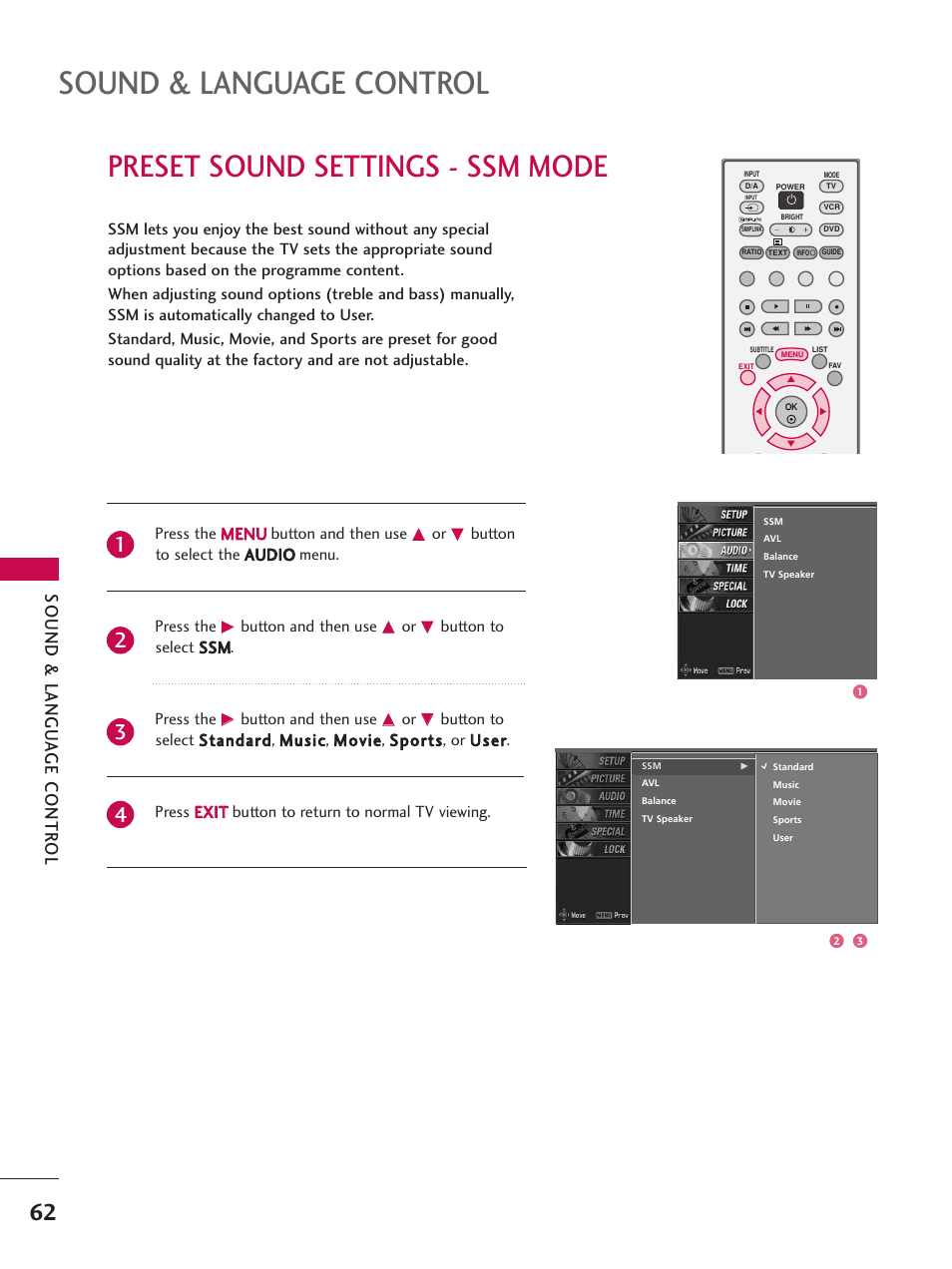 Preset sound settings - ssm mode, Sound & language control, Sound & langu a ge contr ol | LG 26LC7D User Manual | Page 64 / 98