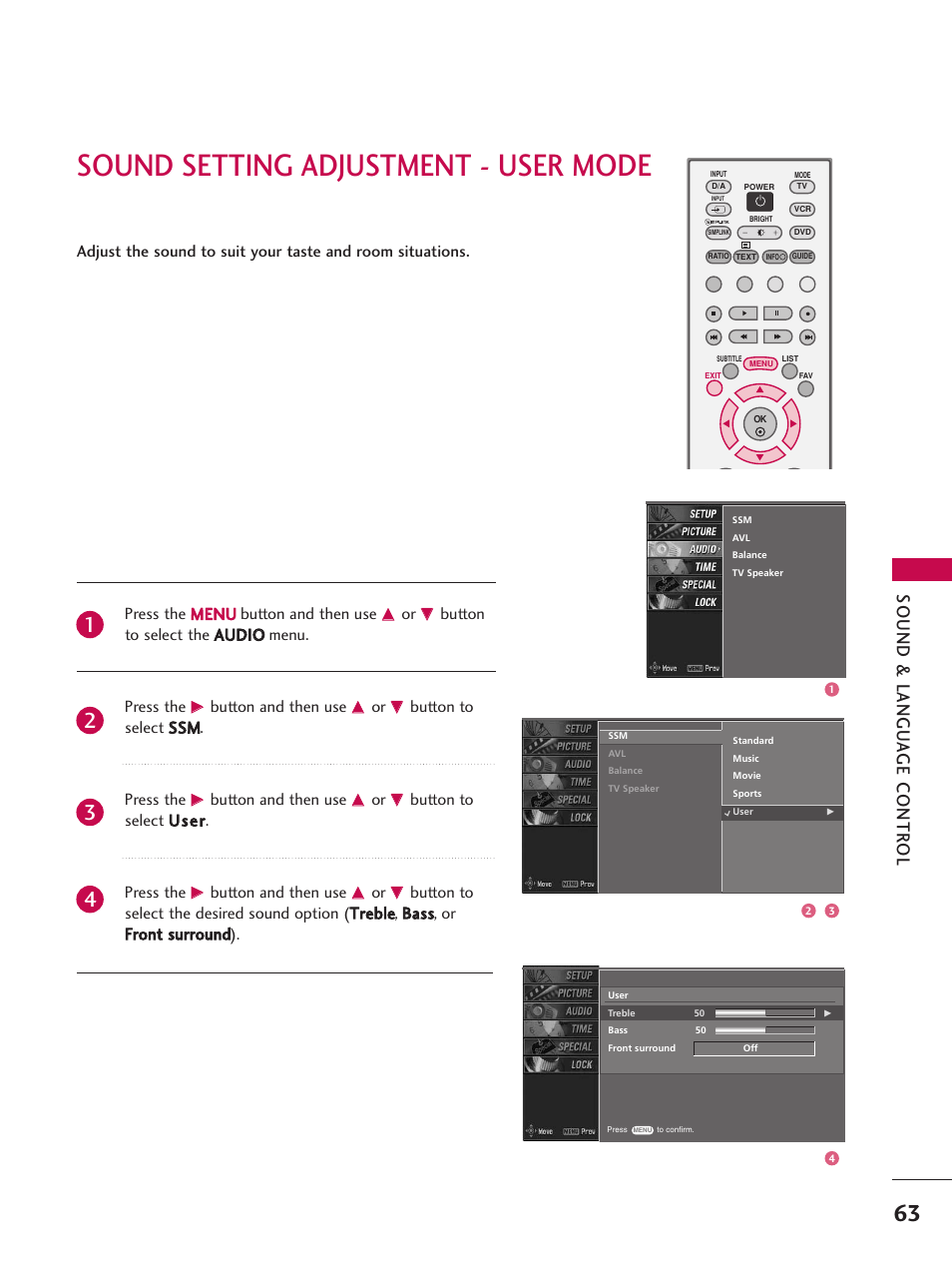 Sound setting adjustment - user mode, Sound & langu a ge contr ol | LG 26LC7D User Manual | Page 65 / 98