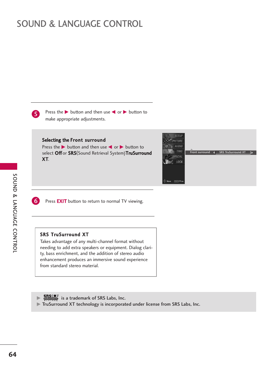 Sound & language control | LG 26LC7D User Manual | Page 66 / 98