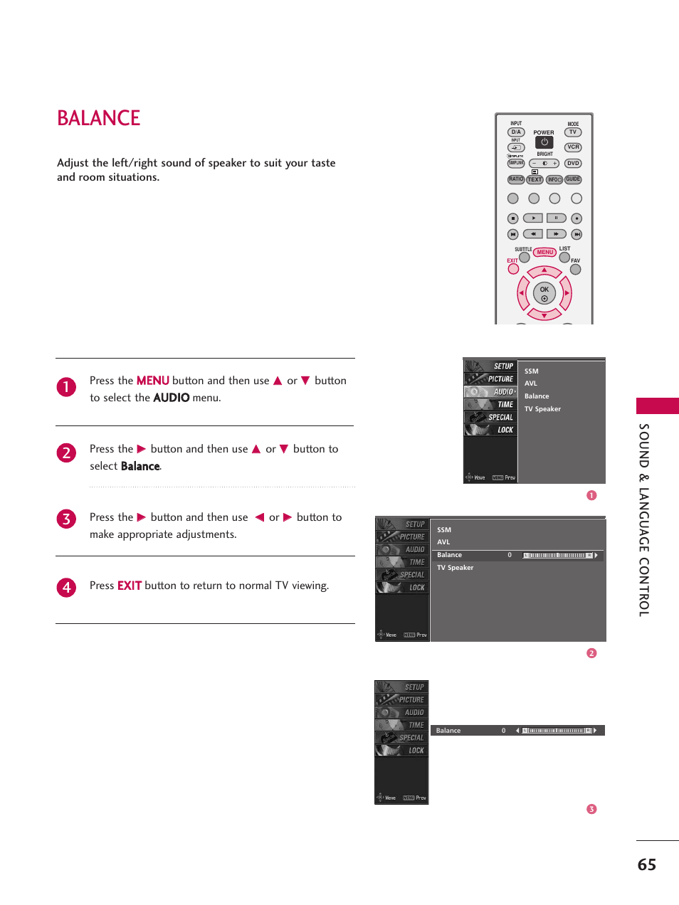Balance, Sound & langu a ge contr ol | LG 26LC7D User Manual | Page 67 / 98