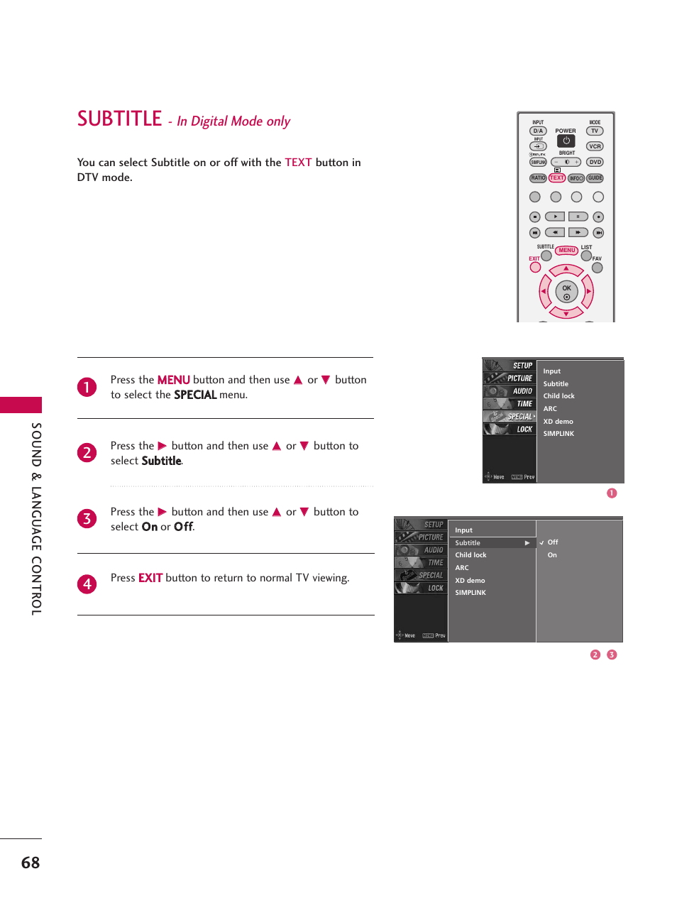 Subtitle - in digital mode only, Subtitle, Sound & langu a ge contr ol | LG 26LC7D User Manual | Page 70 / 98