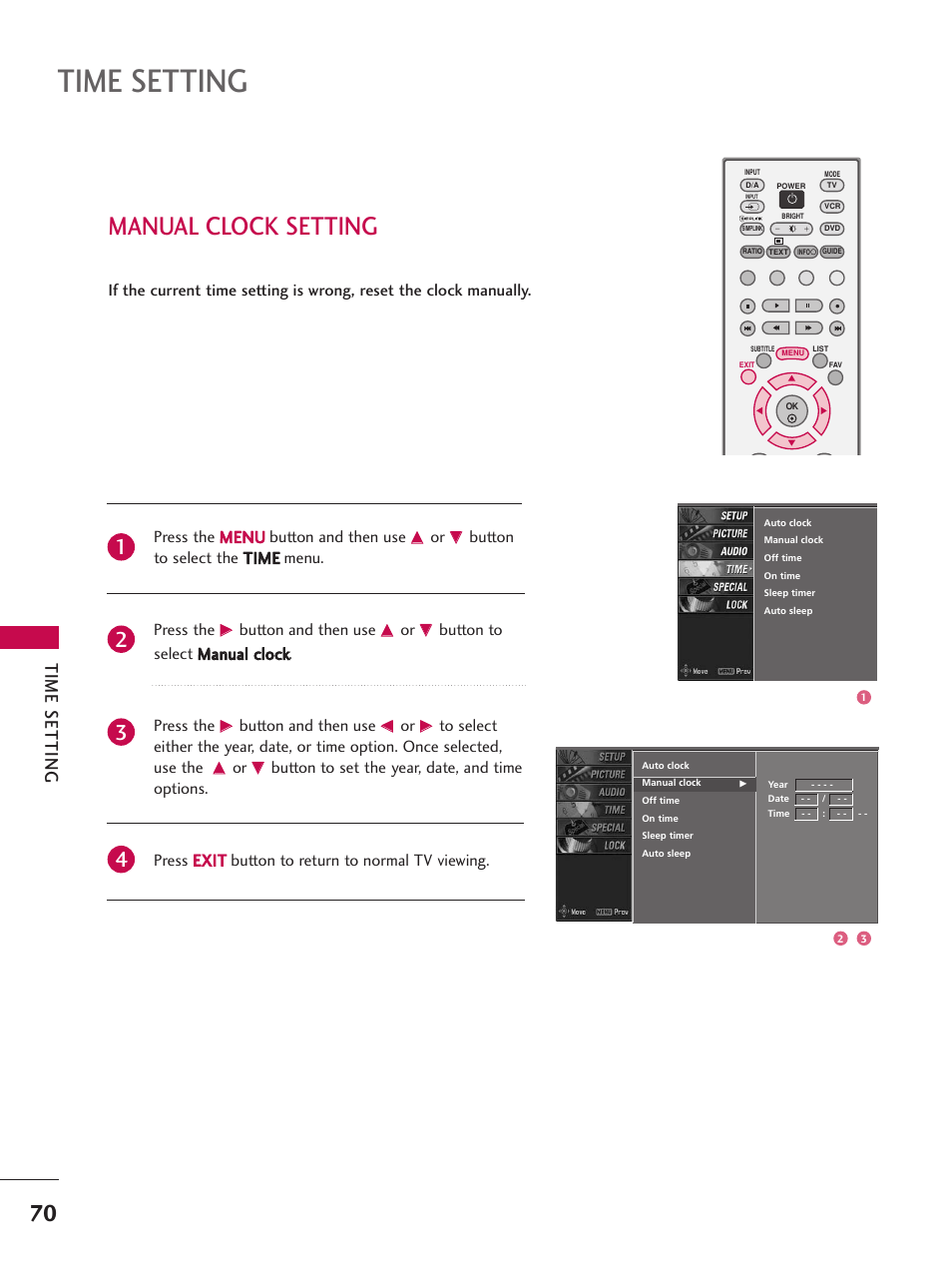 Manual clock setting, Time setting | LG 26LC7D User Manual | Page 72 / 98