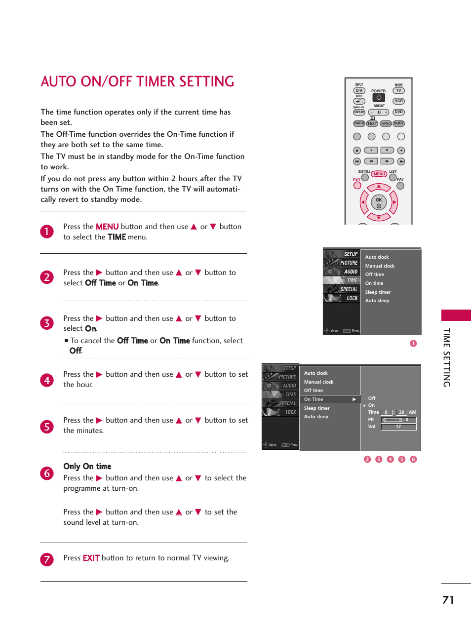 Auto on/off timer setting, Time setting | LG 26LC7D User Manual | Page 73 / 98