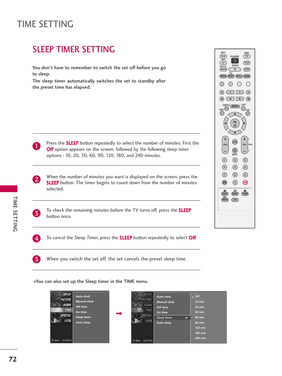 Sleep timer setting, Time setting | LG 26LC7D User Manual | Page 74 / 98