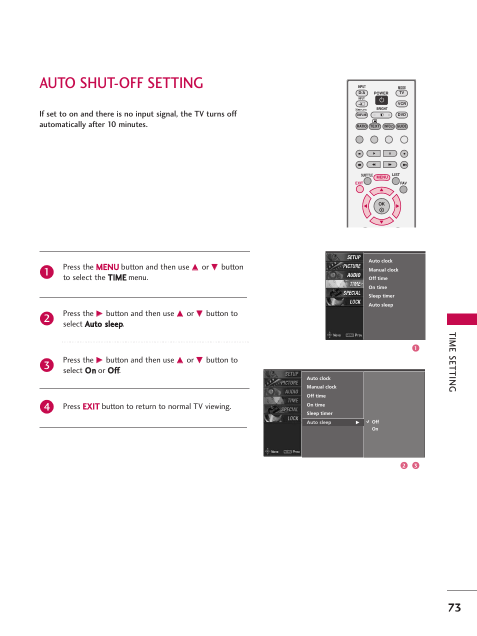 Auto shut-off setting, Time setting | LG 26LC7D User Manual | Page 75 / 98