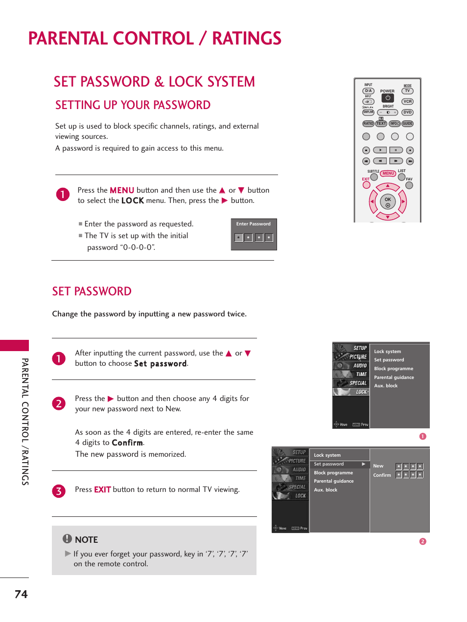 Parental control / ratings, Set password & lock system, Setting up your password | Set password, Parent al contr ol /r a t ings, The new password is | LG 26LC7D User Manual | Page 76 / 98