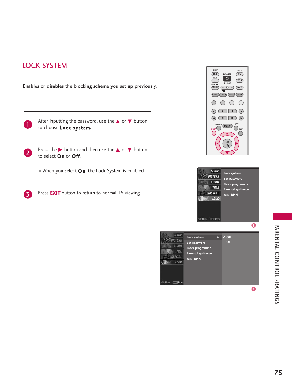 Lock system, Parent al contr ol /r a tings, After inputting the password, use the | Button and then use the | LG 26LC7D User Manual | Page 77 / 98