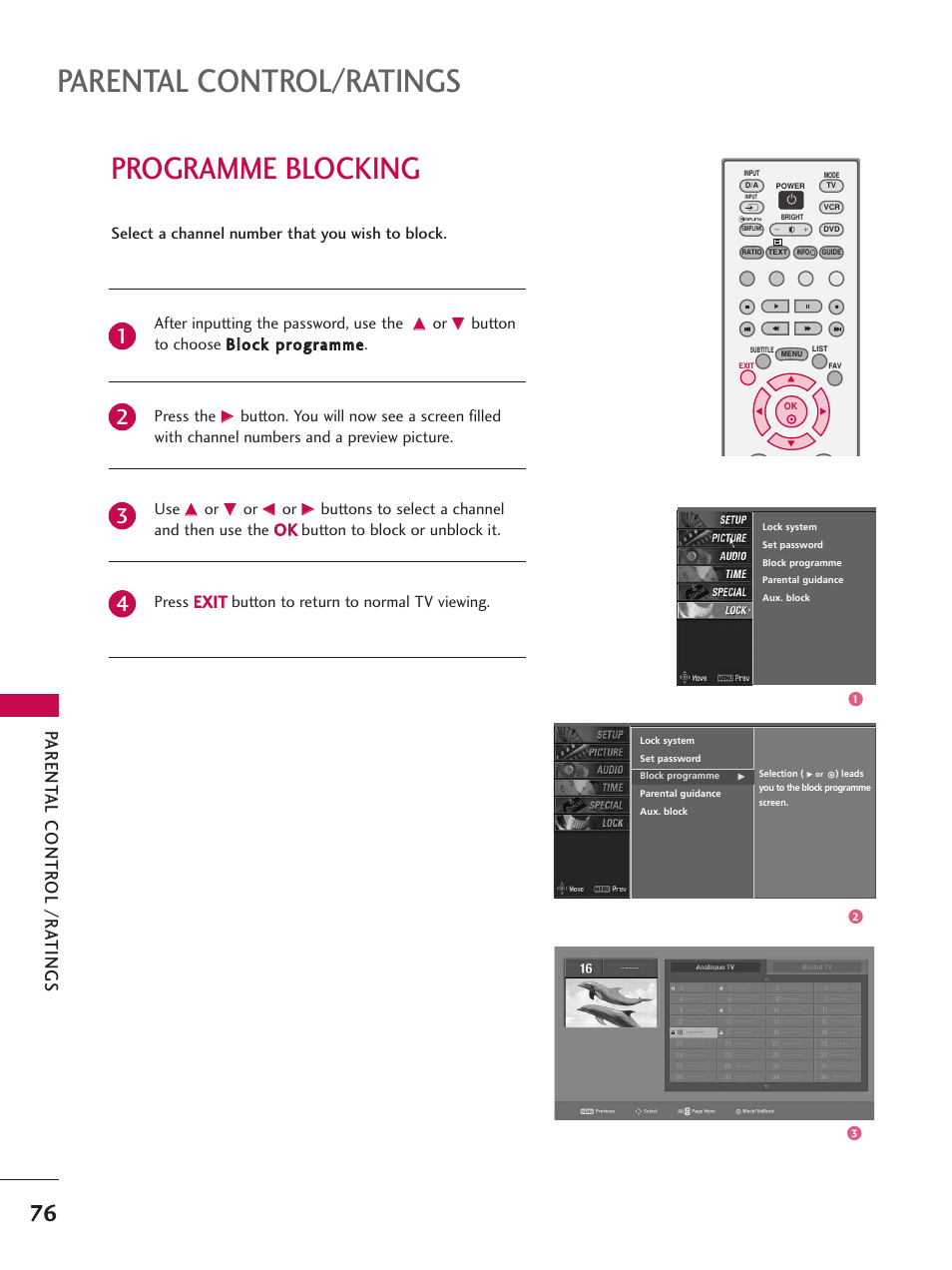 Programme blocking, Parental control/ratings, Parent al contr ol /r a t ings | LG 26LC7D User Manual | Page 78 / 98