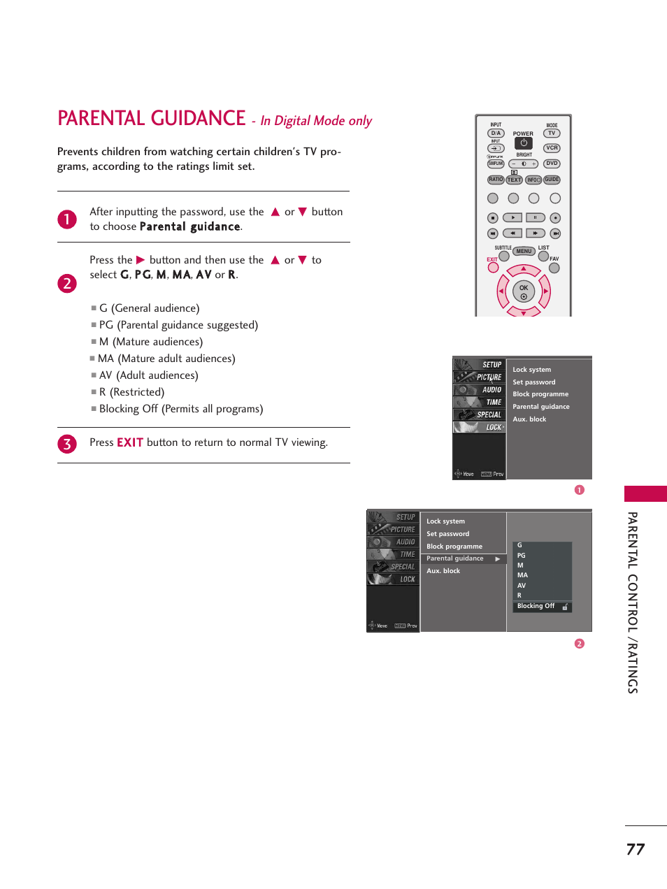 Parental guidance - in digital mode only, Parental guidance, Parent al contr ol /r a tings | LG 26LC7D User Manual | Page 79 / 98
