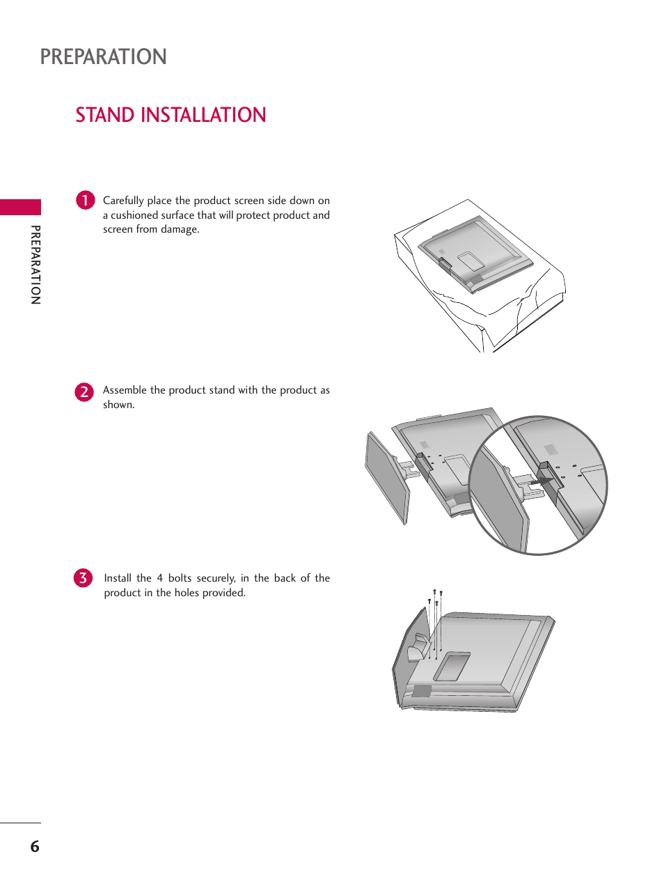 Stand installation, Preparation | LG 26LC7D User Manual | Page 8 / 98