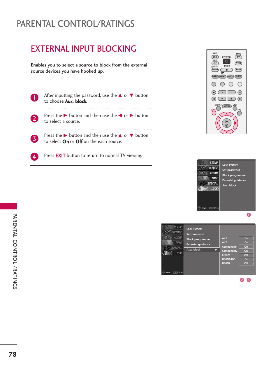 External input blocking, Parental control/ratings, Parent al contr ol /r a t ings | LG 26LC7D User Manual | Page 80 / 98