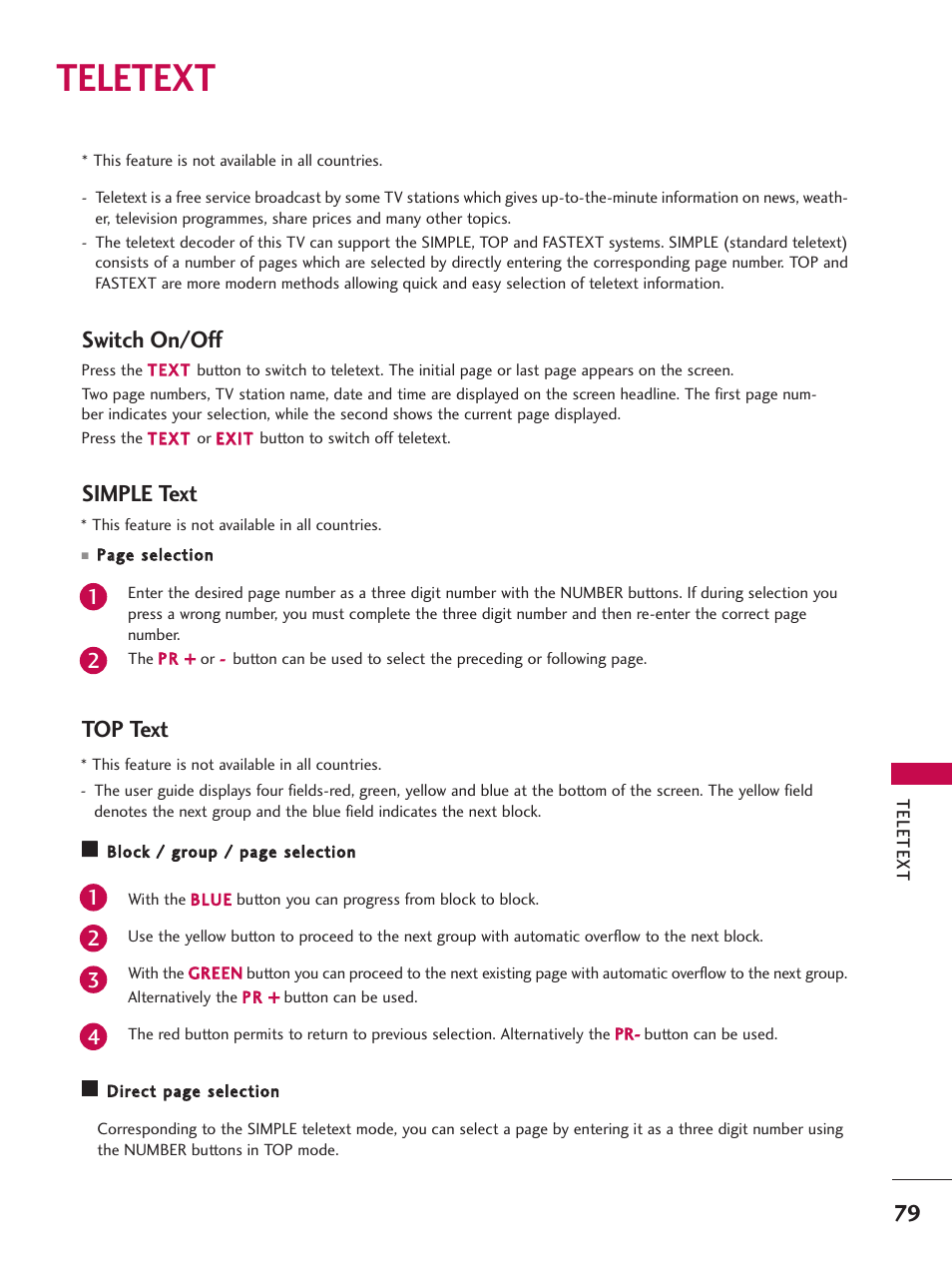 Teletext, Switch on/off, Simple text | Top text, Switch on/off top text | LG 26LC7D User Manual | Page 81 / 98