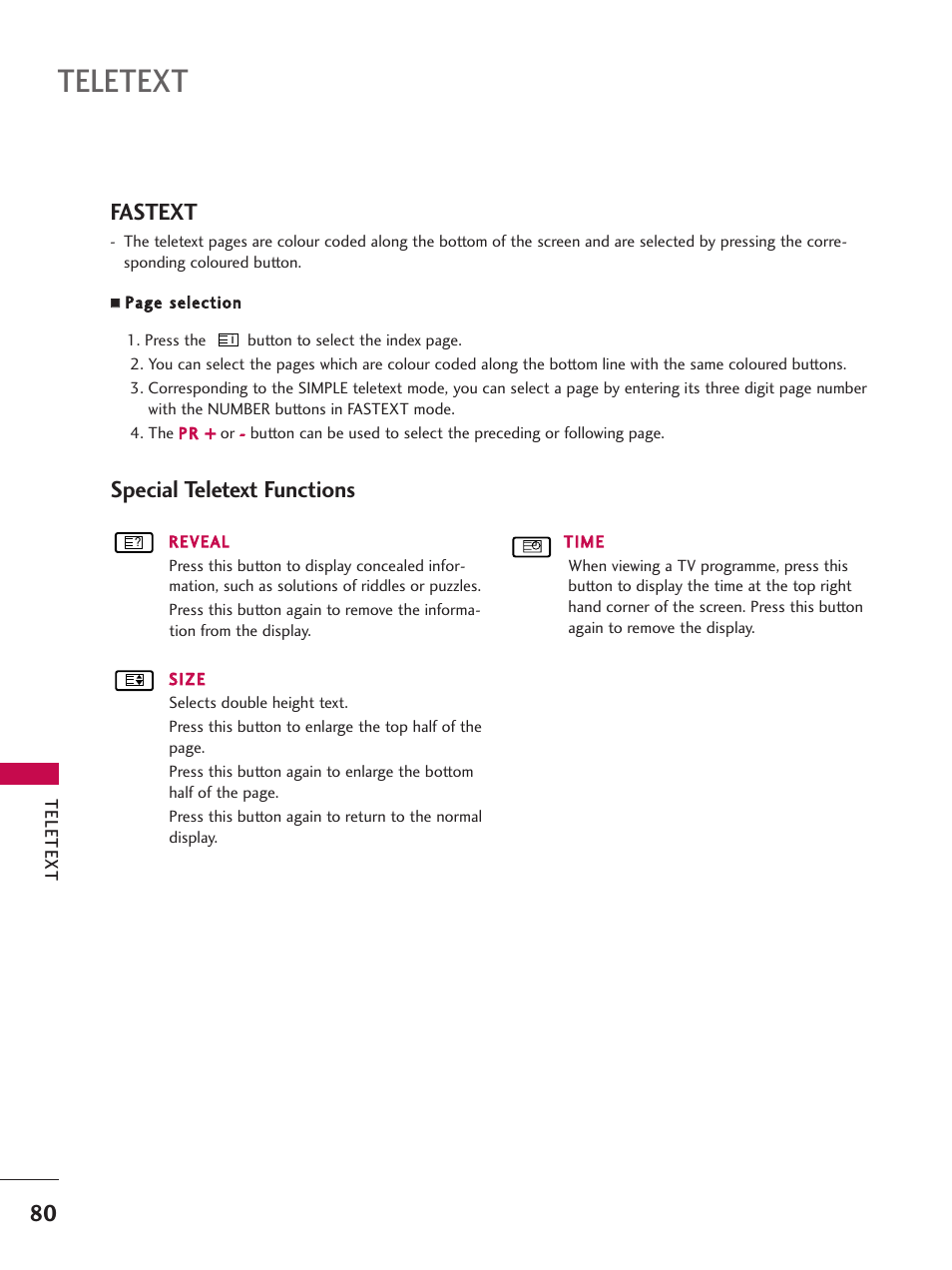Fastext, Special teletext functions, Teletext | Fastext special teletext functions | LG 26LC7D User Manual | Page 82 / 98